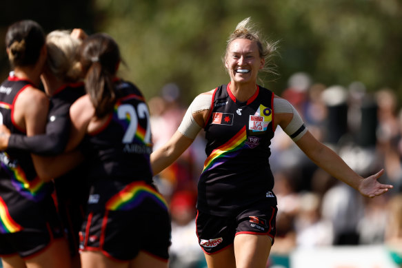 Essendon’s Sophie Alexander celebrates during the win over the Blues.