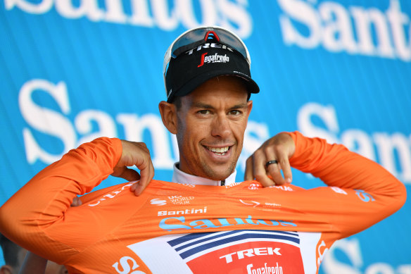 Richie Porte on the podium after winning stage three of the Tour Down Under.
