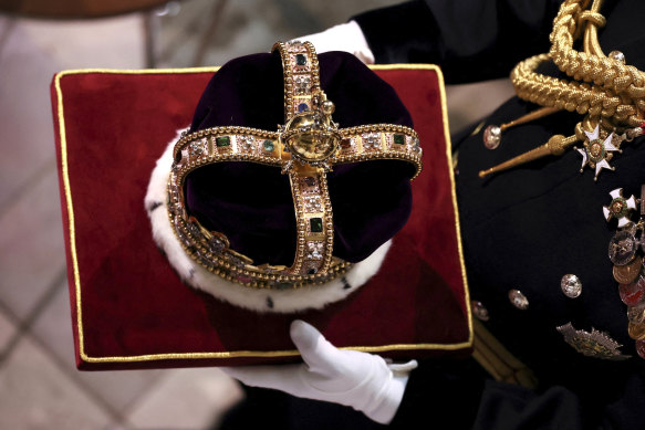 The St Edward’s Crown carried into the abbey.