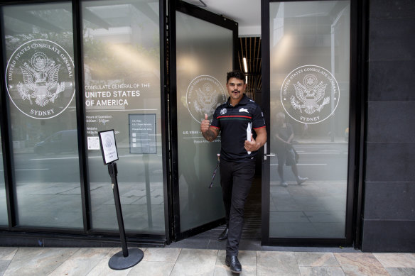 Latrell Mitchell leaves the US Consulate with permission to travel to play in Las Vegas.