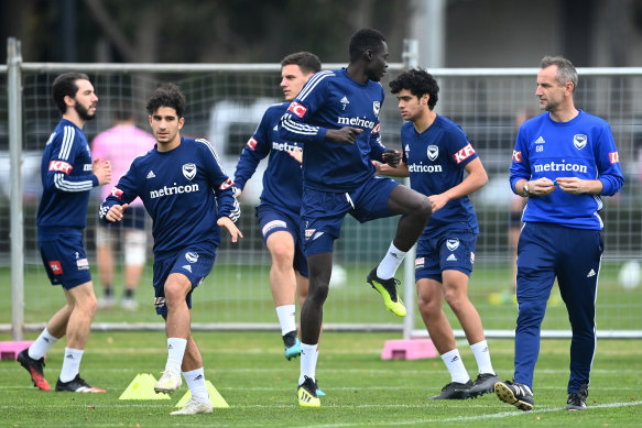 Grant Brebner oversees Victory training on Tuesday.