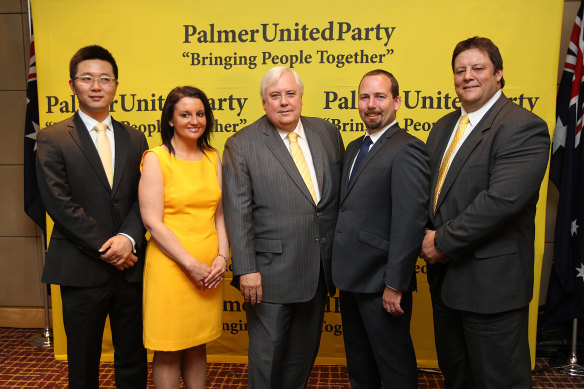 Palmer United Party in 2013 with elected representatives Dio Wang (WA), Jacqui Lambie (TAS), Clive Palmer, Ricky Muir (VIC) and Glenn Lazarus (QLD).