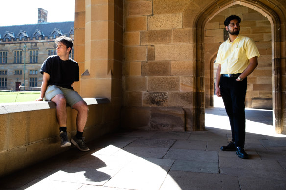 Cooper Forsyth, left, and Swapnik Sanagavarapu at the University of Sydney, are both still doing online learning due to the COVID-19 pandemic.
