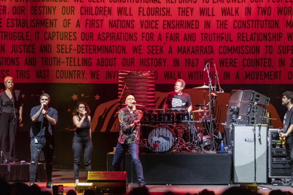 Midnight Oil on stage at Mt Duneed, in front of 13,000 Victorian music fans.