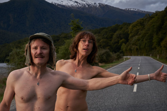 Damon Herriman as Bruno and Jackie van Beek as Laura hitch a ride in the New Zealand comedy Nude Tuesday. 