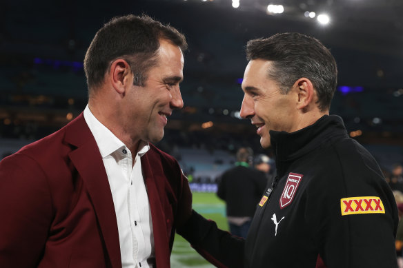 Cameron Smith and Billy Slater celebrating victory after winning game one of the 2022 State of Origin.