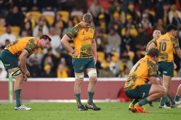 The Wallabies react at fulltime after the 25-17 loss to England.