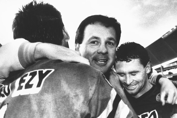 Raiders coach Tim Sheens celebrates with Ricky Stuart and Laurie Daley after the 1989 grand final.