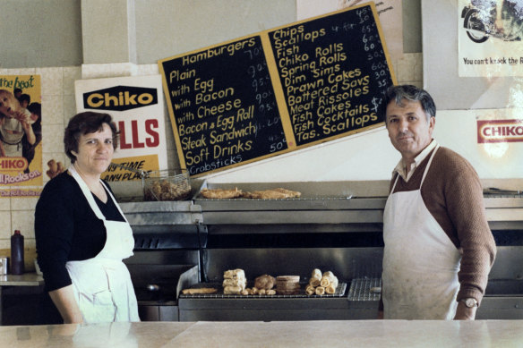 The last photo of Effy Alexakis’ parents Maria and Spiros Alexakis together in their shop in Padstow.