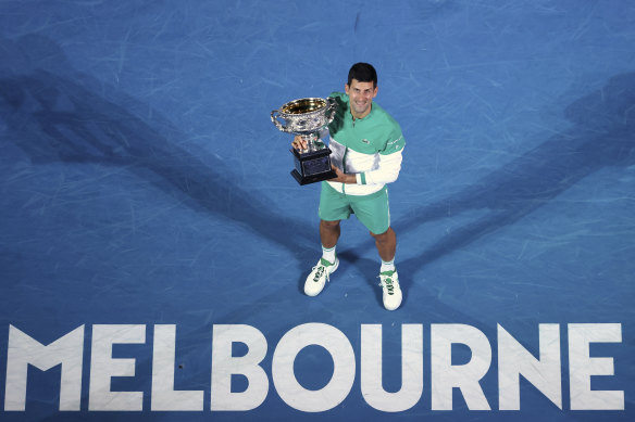 Novak Djokovic celebrates after winning last year’s Australian Open.