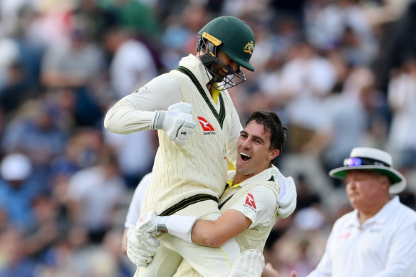 Pat Cummins and Nathan Lyon share victory.