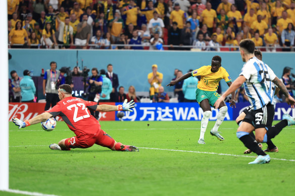 Garang Kuol is denied an equaliser by Argentina keeper Emi Martinez.