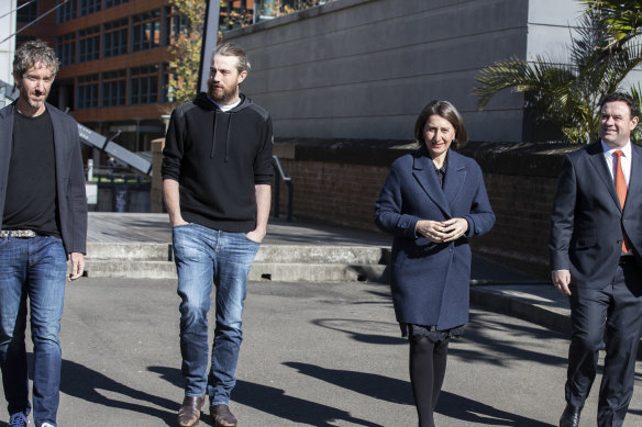 Atlassian co-founders Scott Farquhar and Mike Cannon-Brookes along with NSW Premier Gladys Berejiklian and NSW Jobs Minister Stuart Ayres.