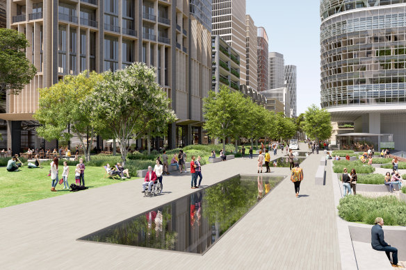 A pedestrian avenue up to 24 metres wide will be built above existing rail lines leading into Central Station.