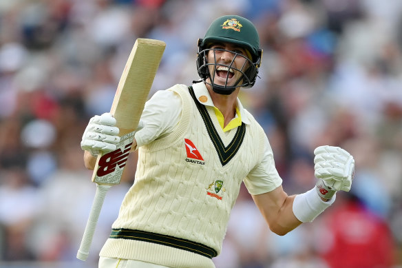 Pat Cummins celebrates a remarkable victory at Edgbaston.