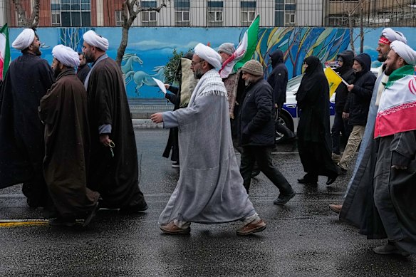 Clerics and other demonstrators attend the annual anti-Israeli Quds Day, or Jerusalem Day, rally in support of Palestinians in Tehran, Iran.