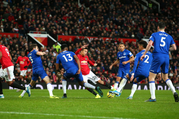 Mason Greenwood scores for Manchester United against Everton at Old Trafford on Sunday.