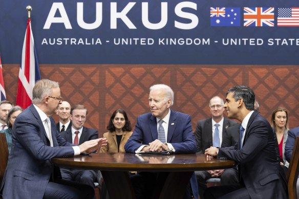 Australian Prime Minister Anthony Albanese, US President Joe Biden and UK Prime Minister Rishi Sunak in San Diego.