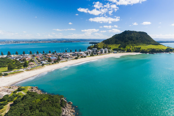 Mount Maunganui view from Moturiki Island, New Zealand.