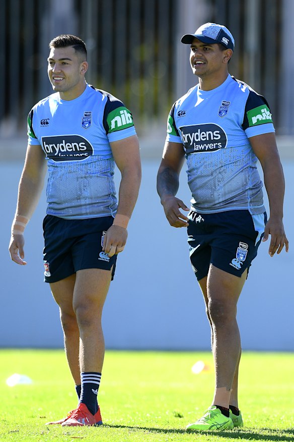 Cotric with NSW centre Latrell Mitchell at training on Tuesday.