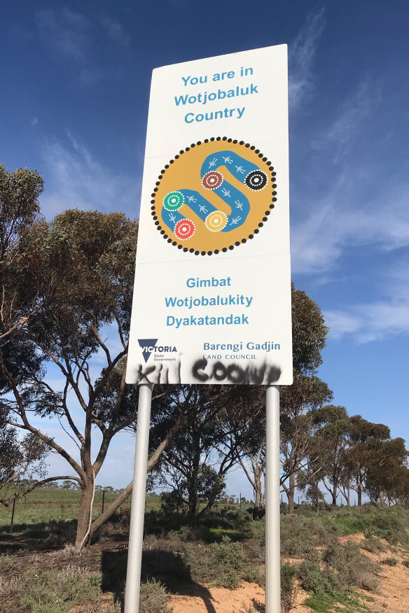 A defaced sign welcomes people to Wotjobaluk Country in north-west Victoria.