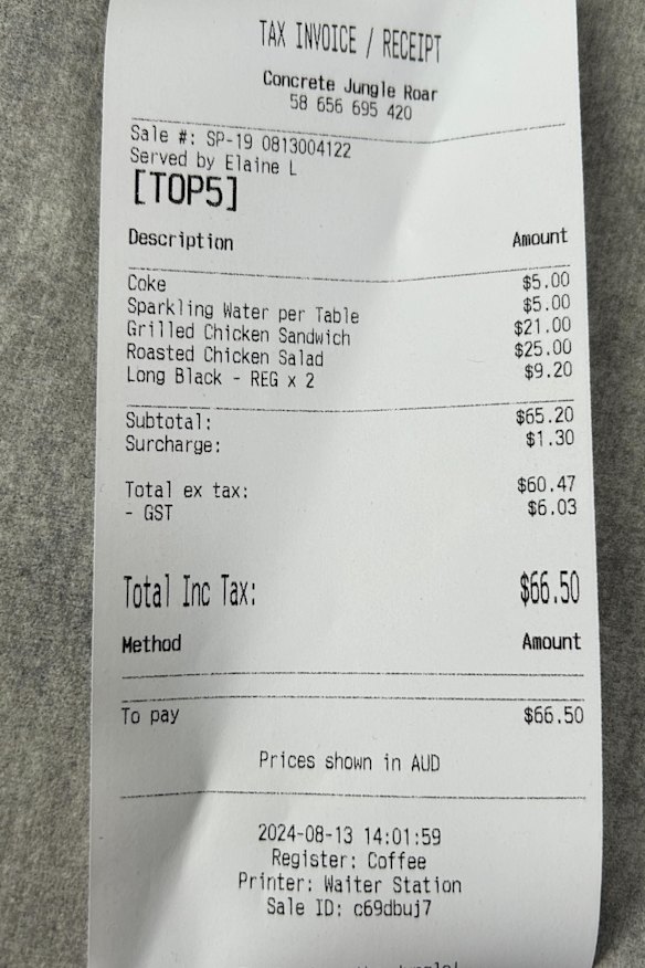 Our bill from Concrete Jungle