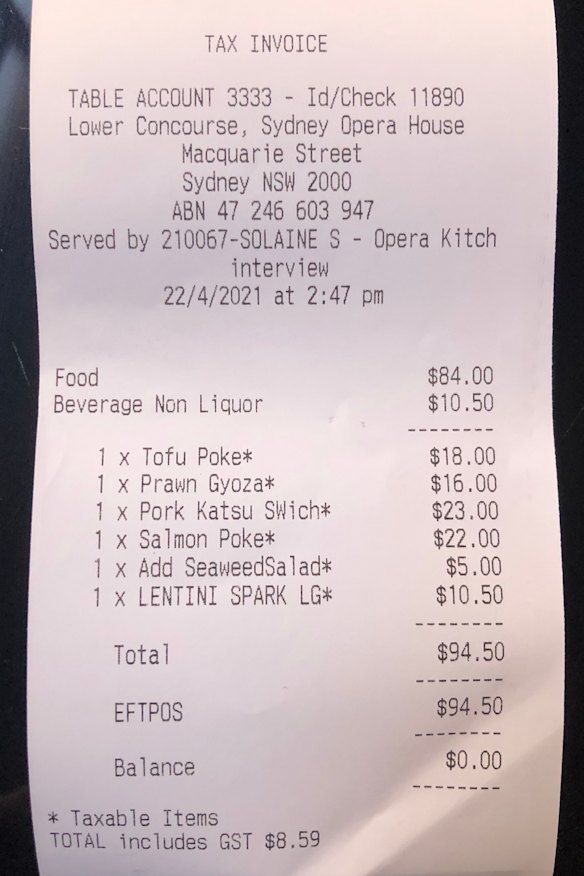 The bill for lunch at the Opera Kitchen.