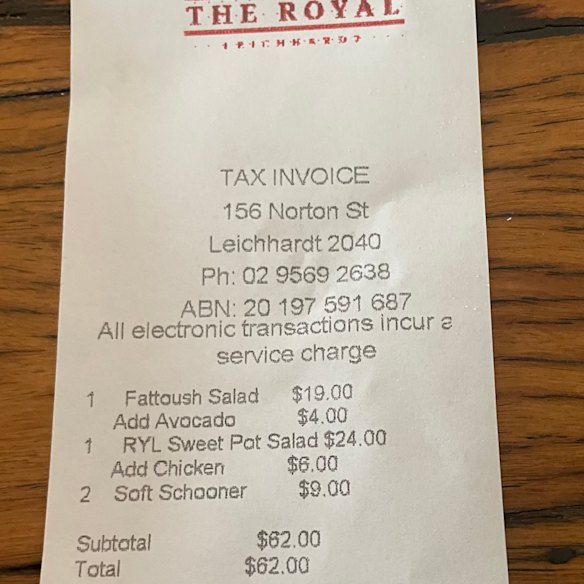 The bill for lunch at The Royal Hotel in Leichhardt.