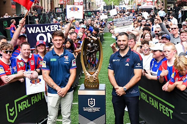 Kalyn Ponga (L) of Newcastle Knights and James Tedesco of Sydney Roosters pose for a photo with the NRL Premiership Grand Final Trophy during a press conference ahead of the 2026 NRL Grand Final, at Martin Place on October 01, 2026 in Sydney, Australia.