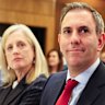 Finance Minister Katy Gallagher and Treasurer Jim Chalmers watch the PM speak on Wednesday.