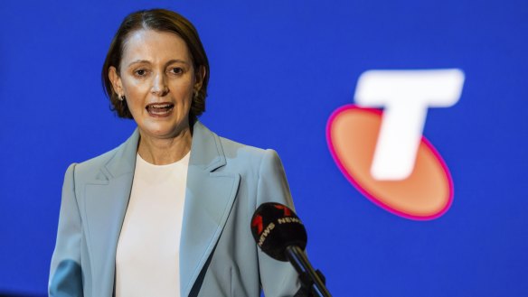 Vicki Brady, Telstra’s CEO, speaks to reporters in Sydney on Friday afternoon.