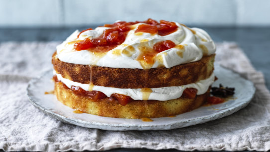 Coconut sponge with lime and papaya compote.