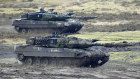 Two Leopard 2 tanks are seen in action during a visit of German Defence Minister Boris Pistorius at the Bundeswehr tank battalion 203 at the Field Marshal Rommel Barracks in Augustdorf, Germany.