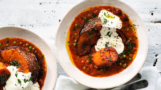 Roast pumpkin and yam with tomato, pea and chilli sauce.