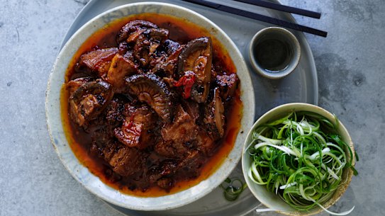 Braised pork belly with black beans and shiitake mushrooms.