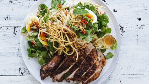 Karen Martini’s five-spice pork chops with wombok and pickled apple slaw