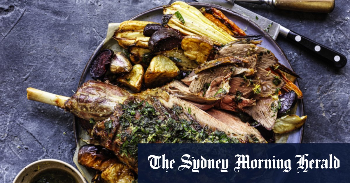 Karen Martini recipe roast leg of lamb on root vegies