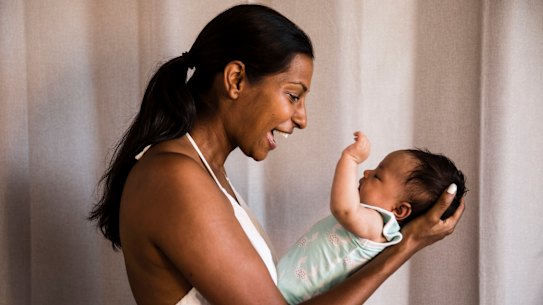 Amrita Kapur with three-month-old Ishani at their home in Coogee, 