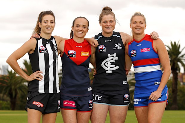 The Victorian AFLW Captains (L-R) Stephanie Chiocci, Daisy Pearce, Brianna Davey and Katie Brennan.