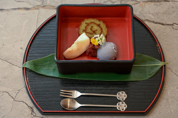 Matcha roll with sesame ice-cream and seasonal fruit.