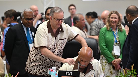 Prime Minister Anthony Albanese greets Fijian Prime Minister Sitiveni Rabuka at the forum.