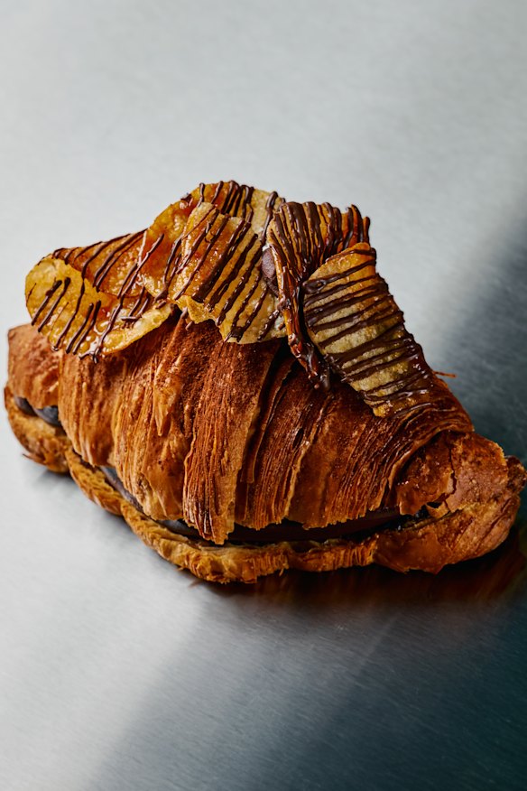 The opening special is a twice-baked croissant filled with “choc chip” frangipane and topped with Chappy’s chips.