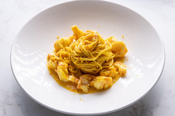 Go-to dish: Spaghettini with the golden glow of saffron and prawns.