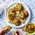 Zucchini and corn fritters with salsa.