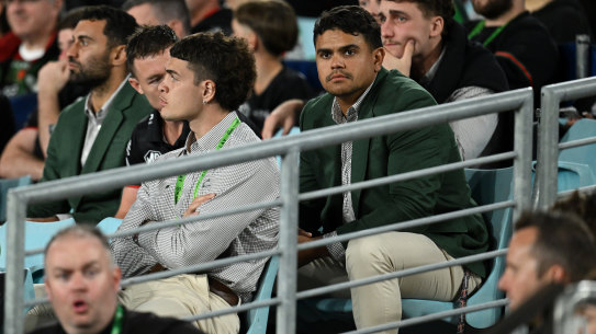 Latrell Mitchell watches on as part of a bulging Rabbitohs casualty ward.