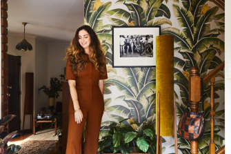 In keeping with the retro-inspired decor, Tamara installed this tropical-look wallpaper by Sydney designer Bethany Linz.
