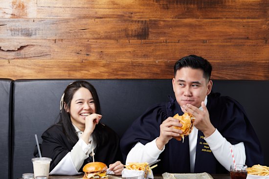 Jasmine Nguyen and Anthony Tran at the Found 401 burger cafe in Sunshine, in Nguyen’s western Melbourne electorate. “It helps to have someone you know to go through all the emotions with you,” says Tran.