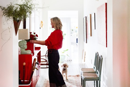 “I designed this red sideboard for the hallway with Nick from Float Joinery,” says Lambos. The paint colours are by Porter’s and the runner from Cadrys.