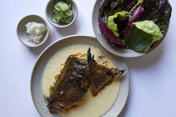 Kingfish forequarter with beurre blanc and lettuce cups.