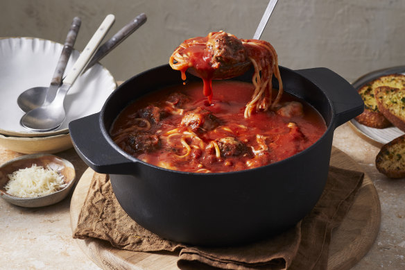 Tomato soup meets spaghetti and meatballs.